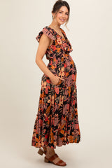 Black Ruffle V-Neck Tiered Maternity Maxi Dress