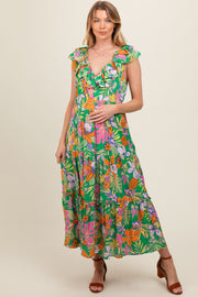 Green Ruffle V-Neck Tiered Maternity Maxi Dress