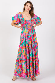 Lavender Multi Color Floral Puff Sleeve Maxi Dress