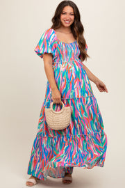 Blue Multi Color Print Puff Sleeve Maternity Maxi Dress