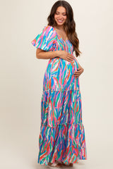 Blue Multi Color Print Puff Sleeve Maternity Maxi Dress