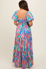 Blue Multi Color Print Puff Sleeve Maternity Maxi Dress