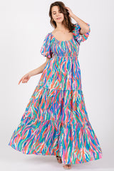 Blue Multi Color Print Puff Sleeve Maternity Maxi Dress