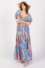 Blue Multi Color Print Puff Sleeve Maxi Dress