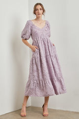 Lavender Fringe Textured Short Puff Sleeve Maternity Midi Dress