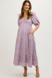 Lavender Fringe Textured Short Puff Sleeve Maternity Midi Dress