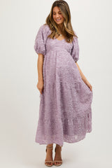 Lavender Fringe Textured Short Puff Sleeve Maternity Midi Dress