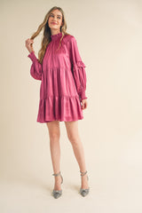 Berry Rose Mock Neck Tiered Mini Dress