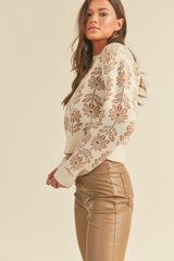 Beige Taupe Floral Pattern Knit Sweater