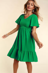 Green Smocked Ruffle Hem Dress