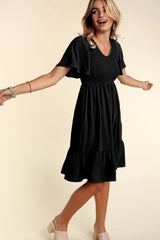 Black Smocked Ruffle Hem Dress