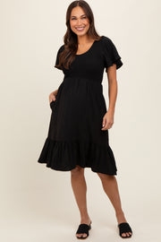 Black Smocked Ruffle Hem Maternity Dress