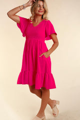 Fuchsia Smocked Ruffle Hem Dress