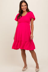 Fuchsia Smocked Ruffle Hem Maternity Dress