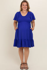 Royal Blue Smocked Ruffle Hem Maternity Plus Dress