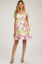 Multi-Color Floral V-Neck Short Puff Sleeve Ruffle Waist Maternity Dress