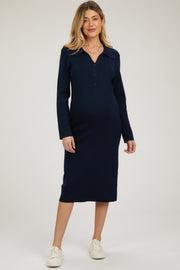 Navy Collared Long Sleeve Sweater Maternity Midi Dress