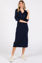 Navy Collared Long Sleeve Sweater Maternity Midi Dress