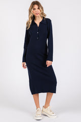 Navy Collared Long Sleeve Sweater Midi Dress