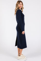 Navy Collared Long Sleeve Sweater Midi Dress