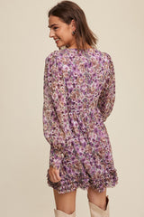 Violet Floral Print Ruffle Detailed Long Sleeve Dress