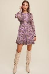 Violet Floral Print Ruffle Detailed Long Sleeve Dress