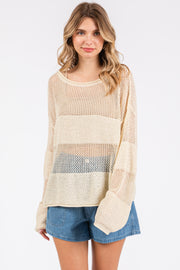 Cream Crochet Knit Long Sleeve Cover-Up