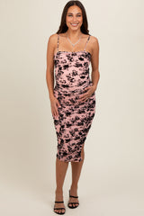 Pink Velvet Floral Ruched Mesh Maternity Midi Dress