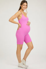 Fuchsia Ribbed Biker Short Maternity Romper