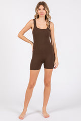 Brown Ribbed Square Neck Sleeveless Maternity Romper