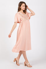 Peach Short Sleeve V-Neck Midi Dress