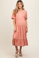 Salmon Short Sleeve Tiered Maternity Dress