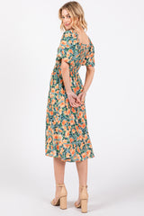 Blue Floral Square Neck Smocked Short Puff Sleeve Midi Dress