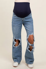 Blue Distressed Open Knee Maternity Wide Leg Jeans