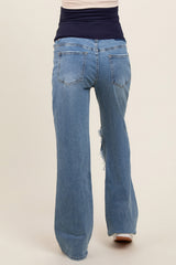 Blue Distressed Open Knee Maternity Wide Leg Jeans