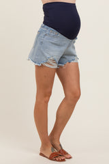 Blue Distressed Fringe Hem Maternity Denim Shorts