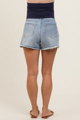 Blue Distressed Fringe Hem Maternity Denim Shorts