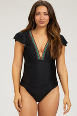 Black Crochet Accent Maternity One Piece Swimsuit