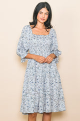 Light Blue Floral Smocked Knee Length Dress