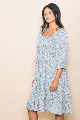 Light Blue Floral Smocked Knee Length Dress