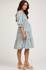 Light Blue Floral Smocked Maternity Knee Length Dress