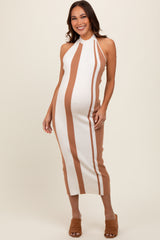 Cream Stripe Ribbed Maternity Halter Dress