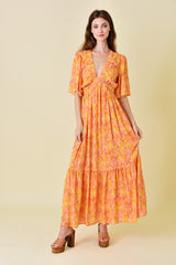 Orange Print Back Cutout Maternity Maxi Dress