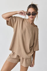 Taupe Ribbed Short Sleeve Maternity Short Set