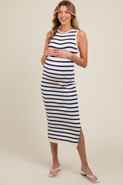 White Navy Striped Knit Sleeveless Side Slit Maternity Midi Dress