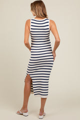 White Navy Striped Knit Sleeveless Side Slit Maternity Midi Dress