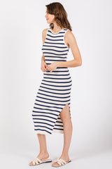 White Navy Striped Knit Sleeveless Side Slit Midi Dress