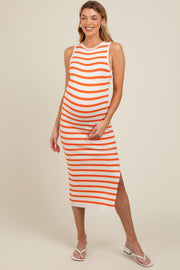 White Orange Striped Knit Sleeveless Side Slit Maternity Midi Dress