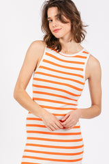 White Orange Striped Knit Sleeveless Side Slit Midi Dress