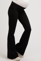 Black Fold-Over Waistband Flared Maternity Leggings